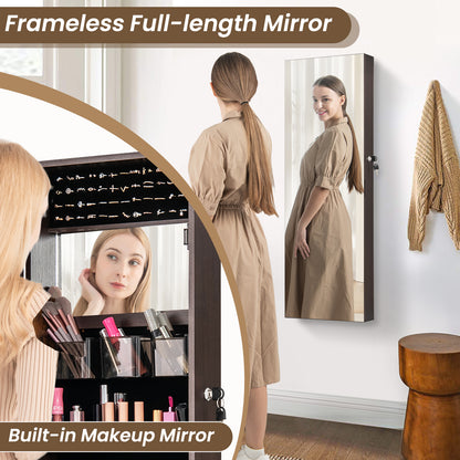 43.5 Inch Jewelry Mirror Cabinet with Full-Length Mirror, Adjustable Hangers, Lockable Storage – Dark Brown