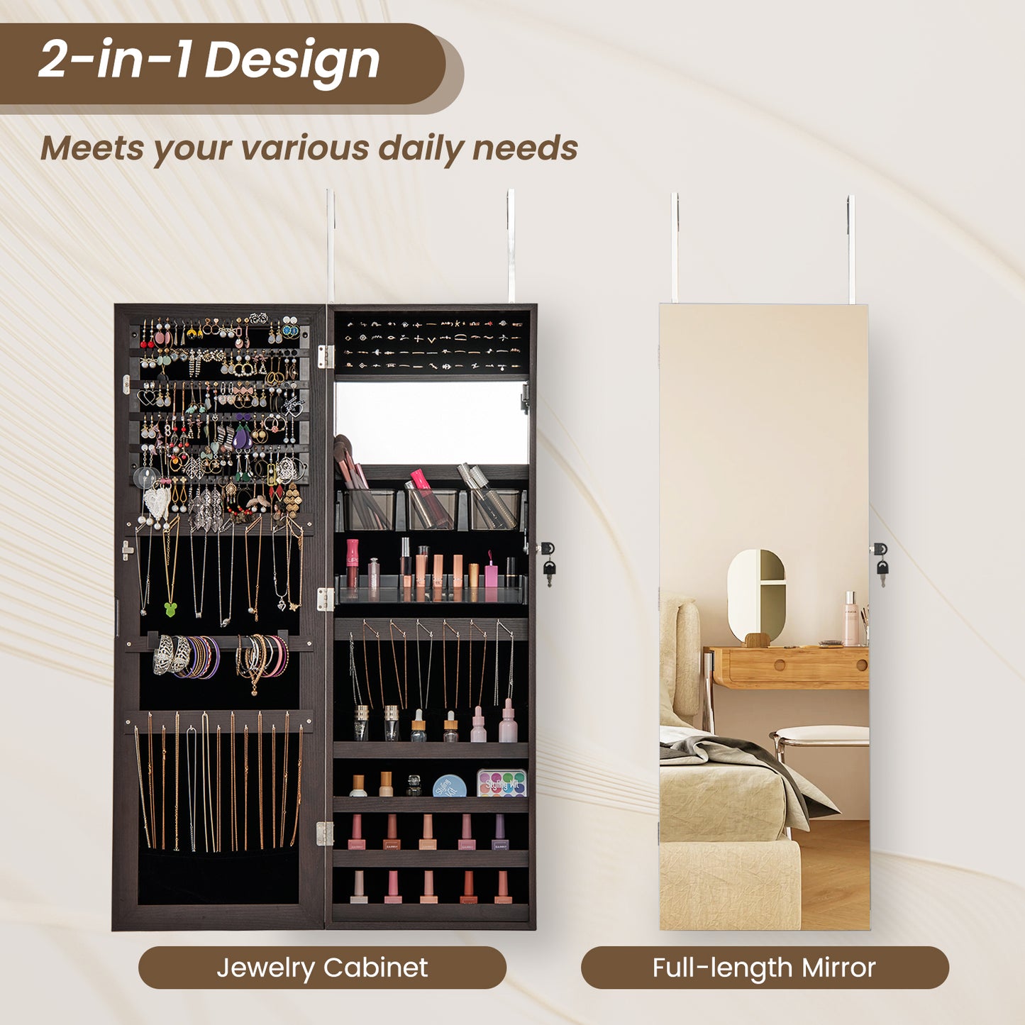 43.5 Inch Jewelry Mirror Cabinet with Full-Length Mirror, Adjustable Hangers, Lockable Storage – Dark Brown