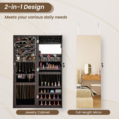 43.5 Inch Jewelry Mirror Cabinet with Full-Length Mirror, Adjustable Hangers, Lockable Storage – Dark Brown