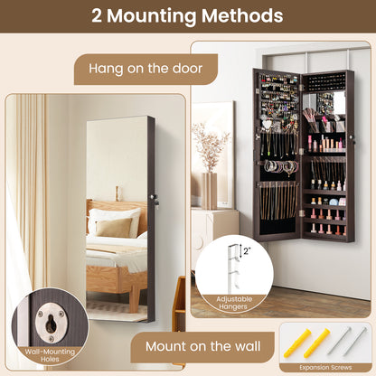 43.5 Inch Jewelry Mirror Cabinet with Full-Length Mirror, Adjustable Hangers, Lockable Storage – Dark Brown