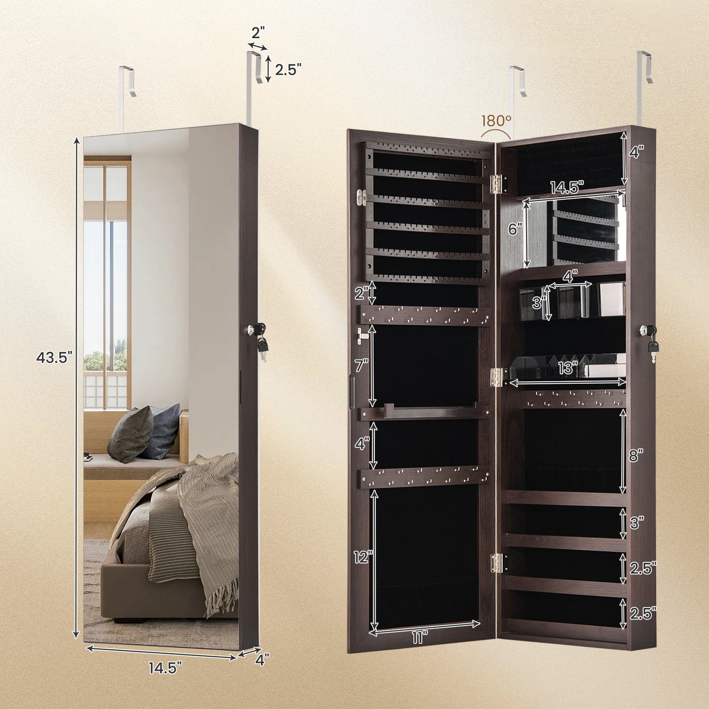 43.5 Inch Jewelry Mirror Cabinet with Full-Length Mirror, Adjustable Hangers, Lockable Storage – Dark Brown