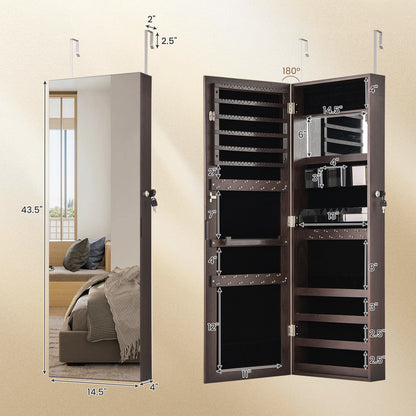 43.5 Inch Jewelry Mirror Cabinet with Full-Length Mirror, Adjustable Hangers, Lockable Storage – Dark Brown