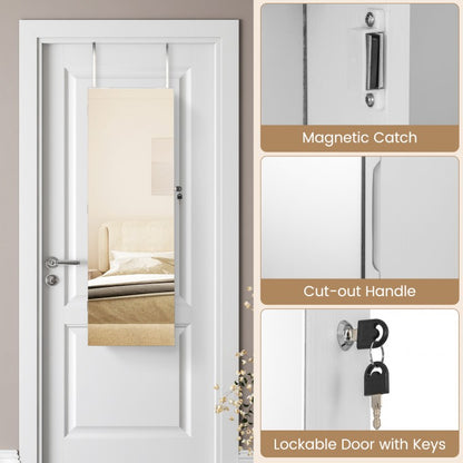 43.5 Inch Jewelry Mirror Cabinet with Full-Length Mirror, Adjustable Hangers, Lockable Storage – White