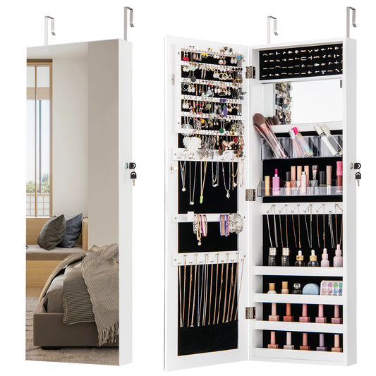 43.5 Inch Jewelry Mirror Cabinet with Full-Length Mirror, Adjustable Hangers, Lockable Storage – White