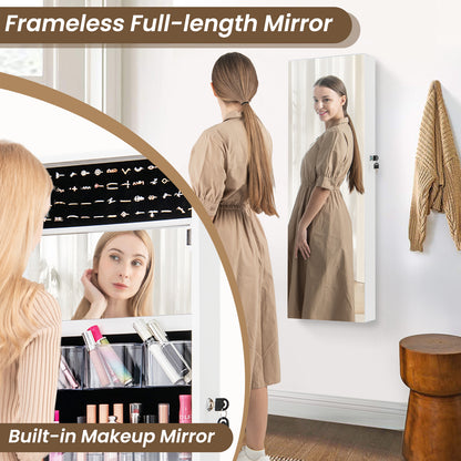 43.5 Inch Jewelry Mirror Cabinet with Full-Length Mirror, Adjustable Hangers, Lockable Storage – White