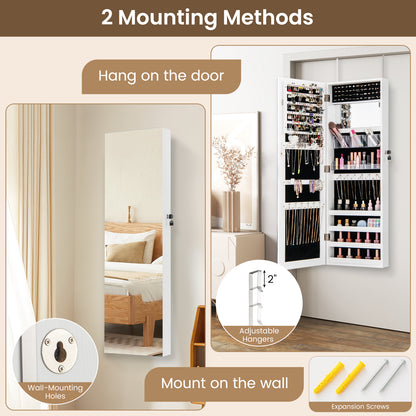 43.5 Inch Jewelry Mirror Cabinet with Full-Length Mirror, Adjustable Hangers, Lockable Storage – White