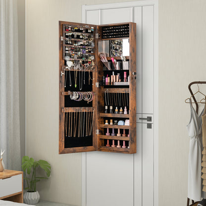 43.5 Inch Jewelry Mirror Cabinet with Full-Length Mirror, Adjustable Hangers, Lockable Storage – Rustic Brown