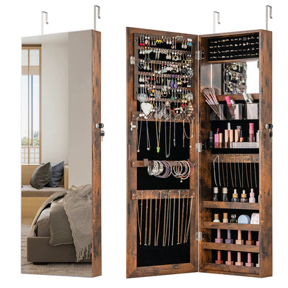43.5 Inch Jewelry Mirror Cabinet with Full-Length Mirror, Adjustable Hangers, Lockable Storage – Rustic Brown