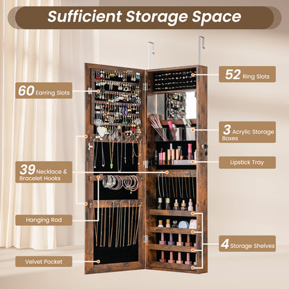 43.5 Inch Jewelry Mirror Cabinet with Full-Length Mirror, Adjustable Hangers, Lockable Storage – Rustic Brown