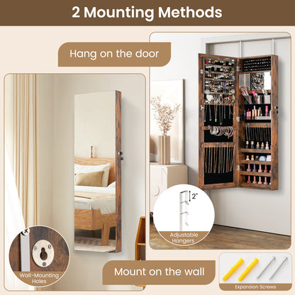 43.5 Inch Jewelry Mirror Cabinet with Full-Length Mirror, Adjustable Hangers, Lockable Storage – Rustic Brown