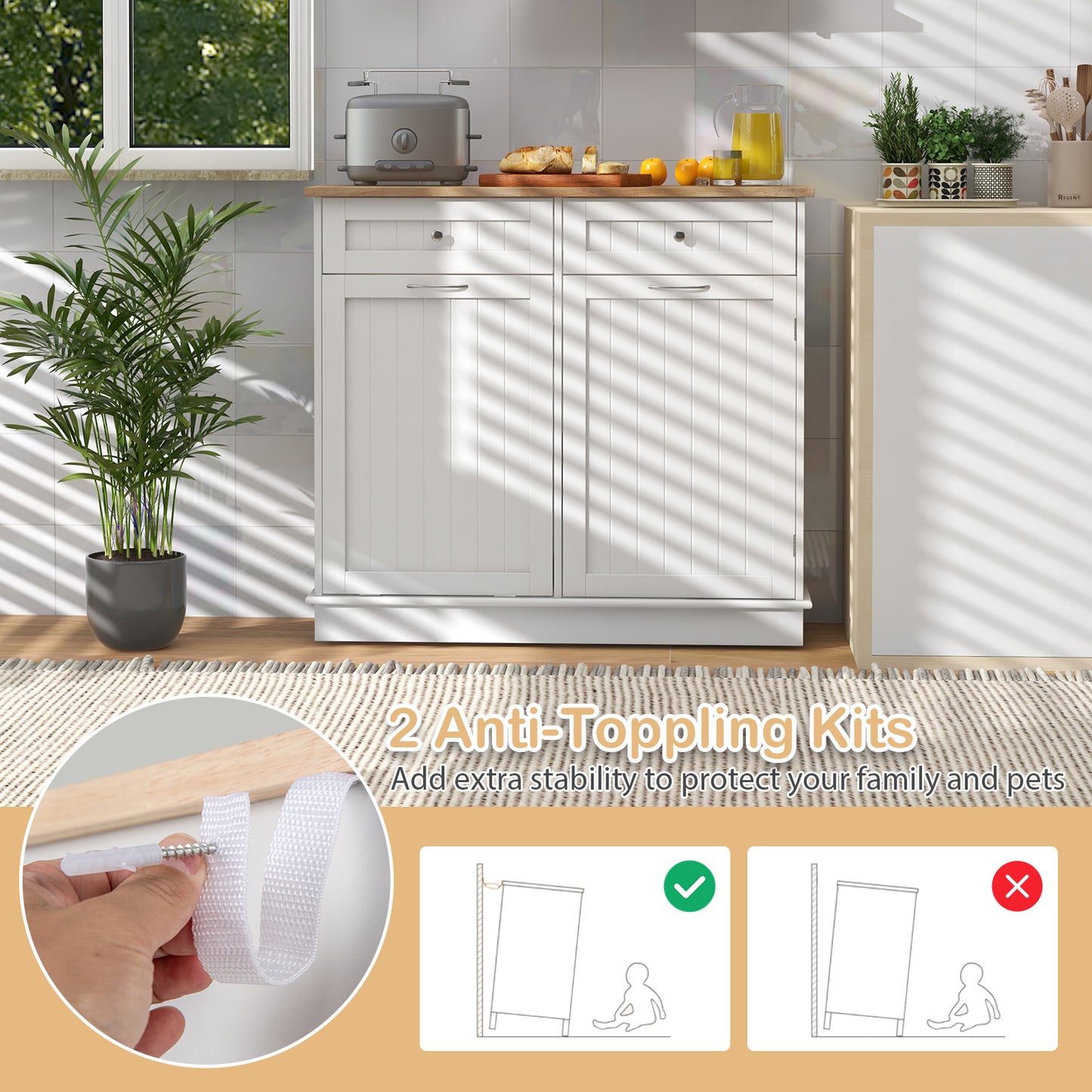 Kitchen Cabinet with Tilt-Out Bin, Dual Drawers and Adjustable Shelf - White
