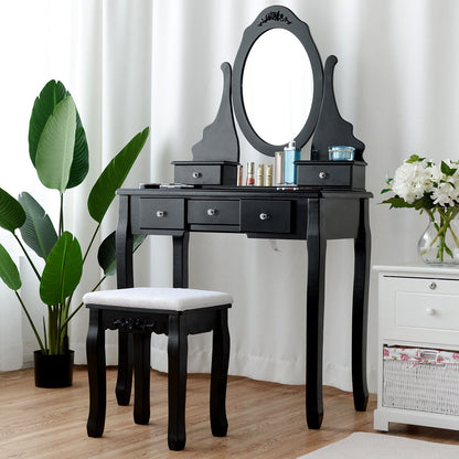 Wood Vanity Table Set with Rotating Oval Mirror, Drawers, and Comfort Stool – Black