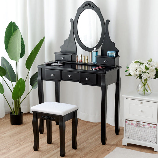 Wood Vanity Table Set with Rotating Oval Mirror, Drawers, and Comfort Stool – Black