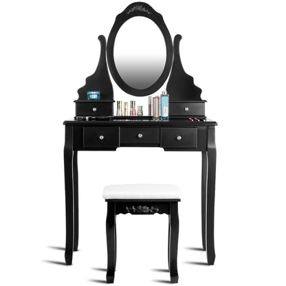 Wood Vanity Table Set with Rotating Oval Mirror, Drawers, and Comfort Stool – Black