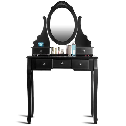 Wood Vanity Table Set with Rotating Oval Mirror, Drawers, and Comfort Stool – Black
