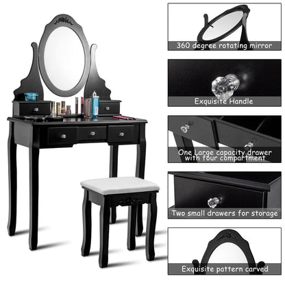 Wood Vanity Table Set with Rotating Oval Mirror, Drawers, and Comfort Stool – Black