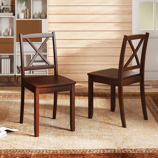 Set of 2 Wood Dining Chairs with Curved Backrest and Durable Rubber Wood Legs - Brown