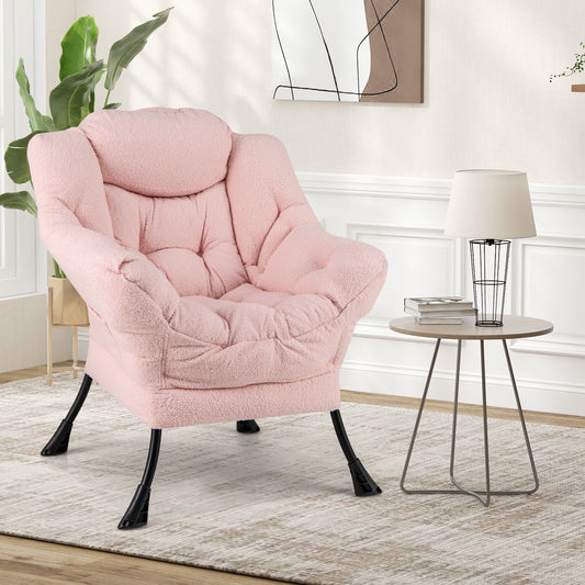 Ergonomic Sherpa Upholstered Accent Chair with Head Pillow and Side Pocket – Pink