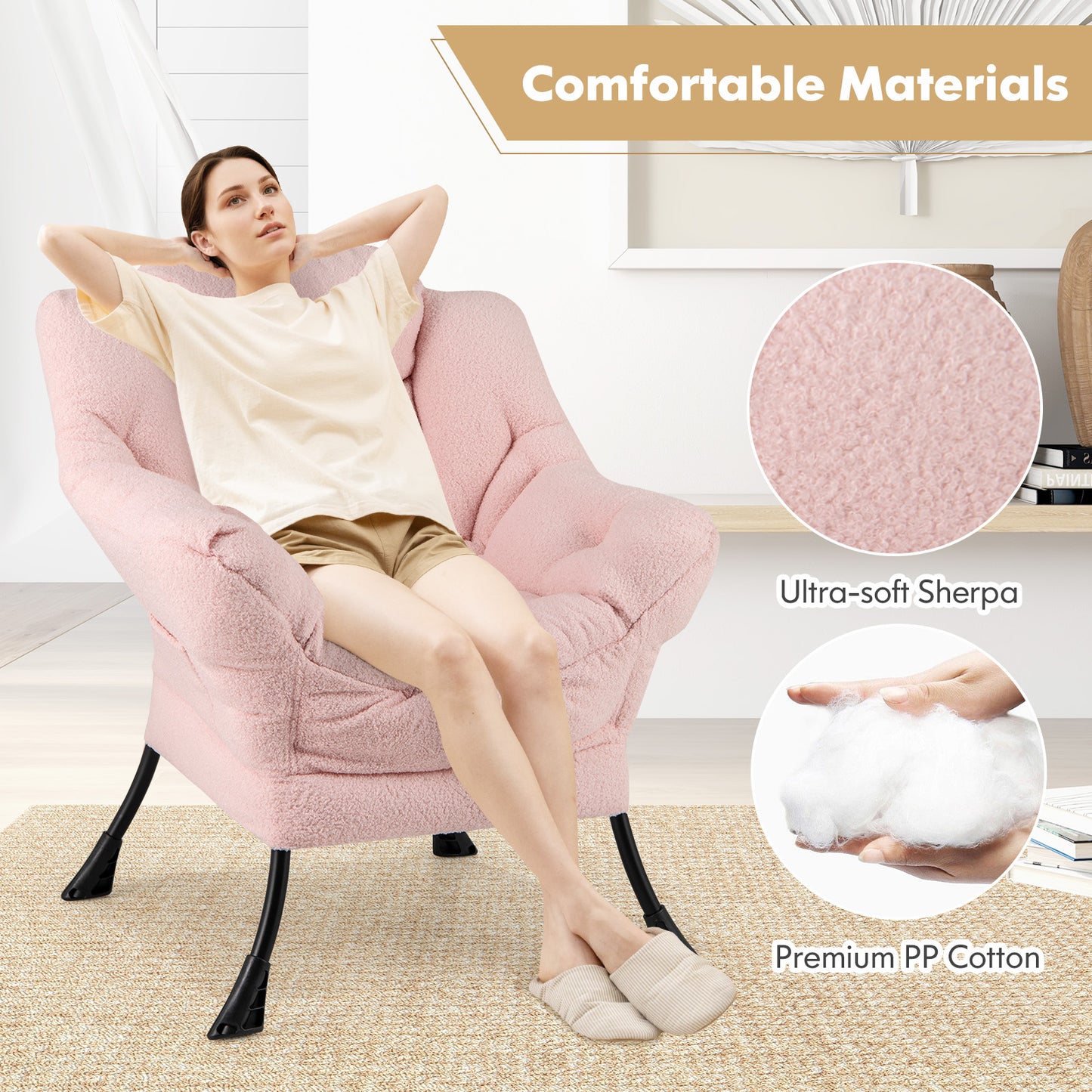 Ergonomic Sherpa Upholstered Accent Chair with Head Pillow and Side Pocket – Pink