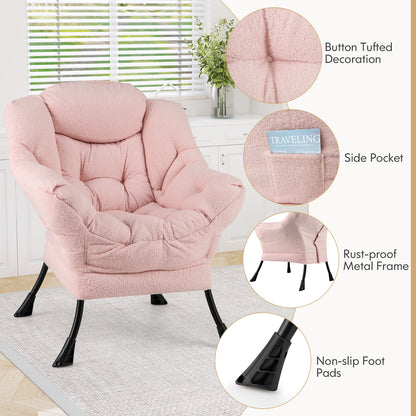 Ergonomic Sherpa Upholstered Accent Chair with Head Pillow and Side Pocket – Pink