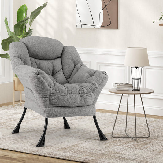 Ergonomic Sherpa Upholstered Accent Chair with Head Pillow and Side Pocket – Grey