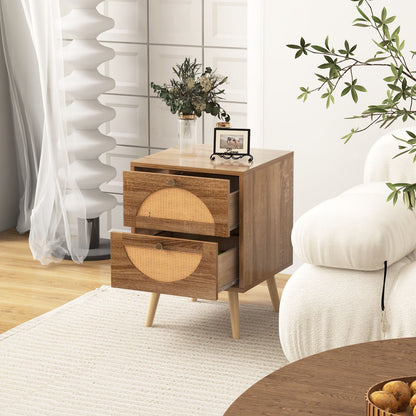 Set of 2 Rattan Nightstands with Drawers and Solid Wood Legs, Boho Style