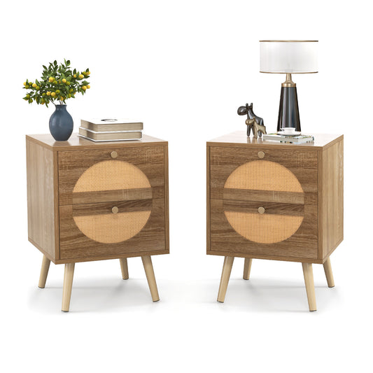 Set of 2 Rattan Nightstands with Drawers and Solid Wood Legs, Boho Style