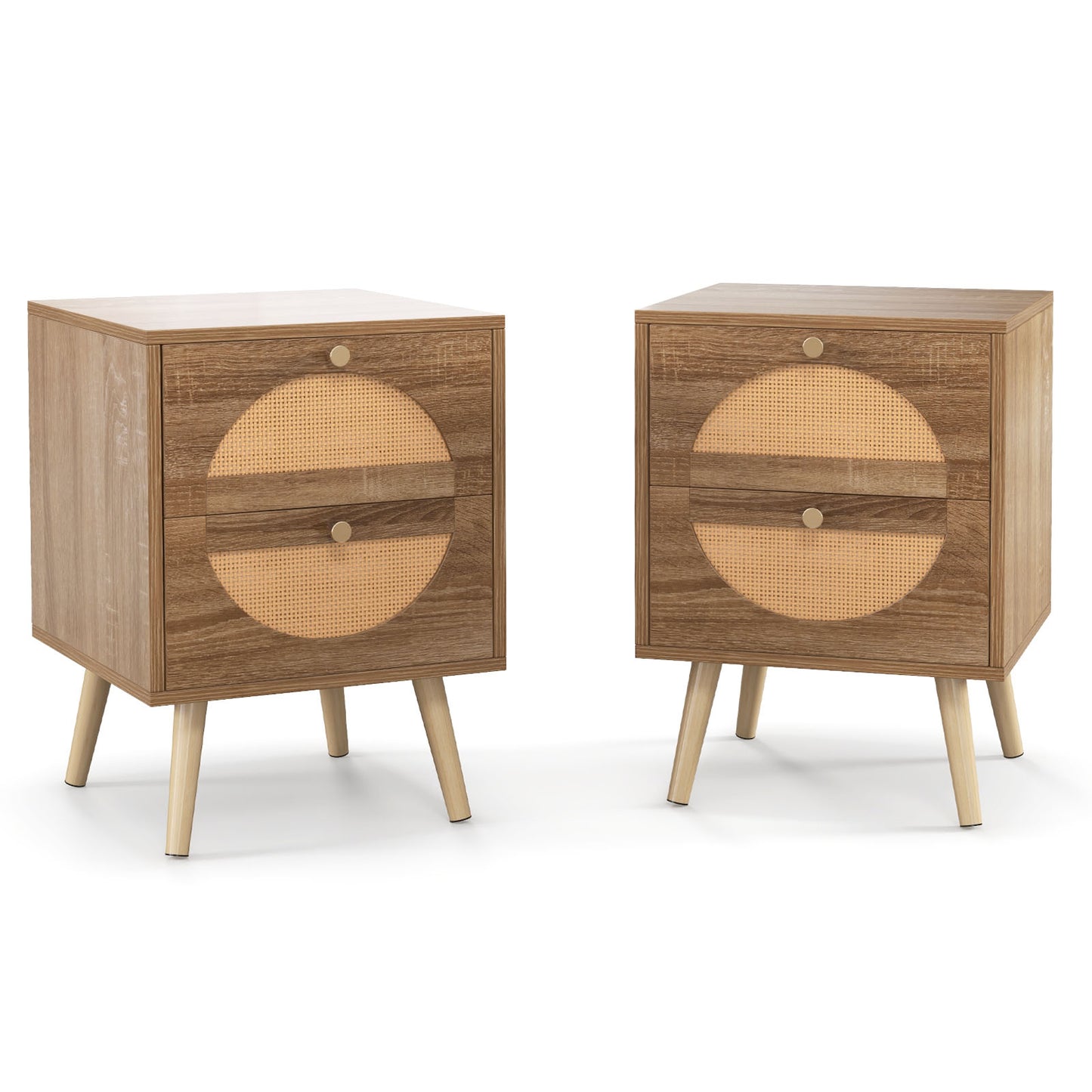 Set of 2 Rattan Nightstands with Drawers and Solid Wood Legs, Boho Style