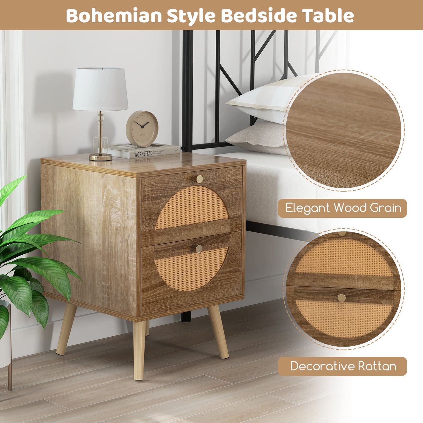 Set of 2 Rattan Nightstands with Drawers and Solid Wood Legs, Boho Style