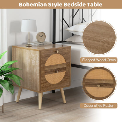 Set of 2 Rattan Nightstands with Drawers and Solid Wood Legs, Boho Style