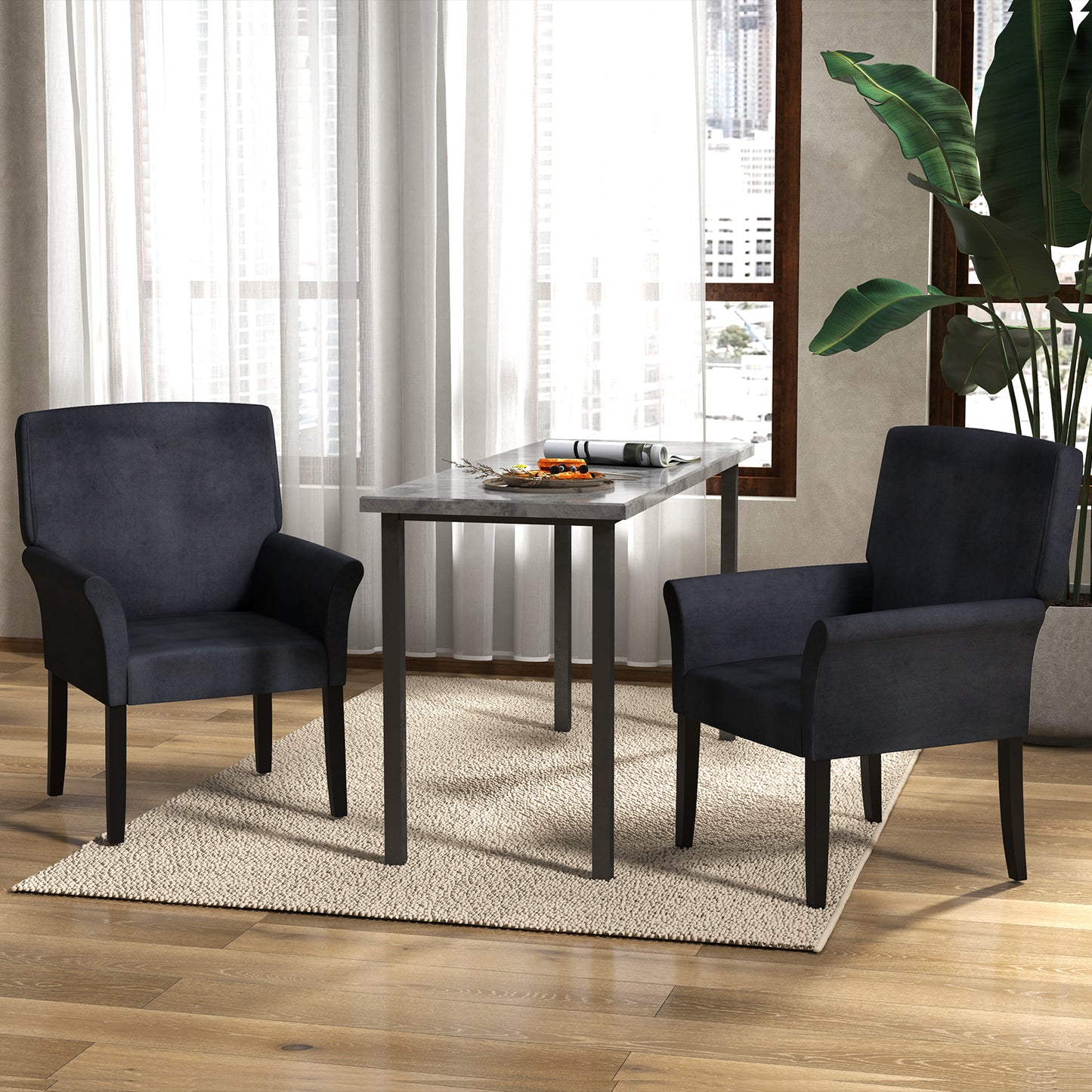 Modern Upholstered Guest Armchair with Curved Back and Solid Rubber Wood Legs in Black