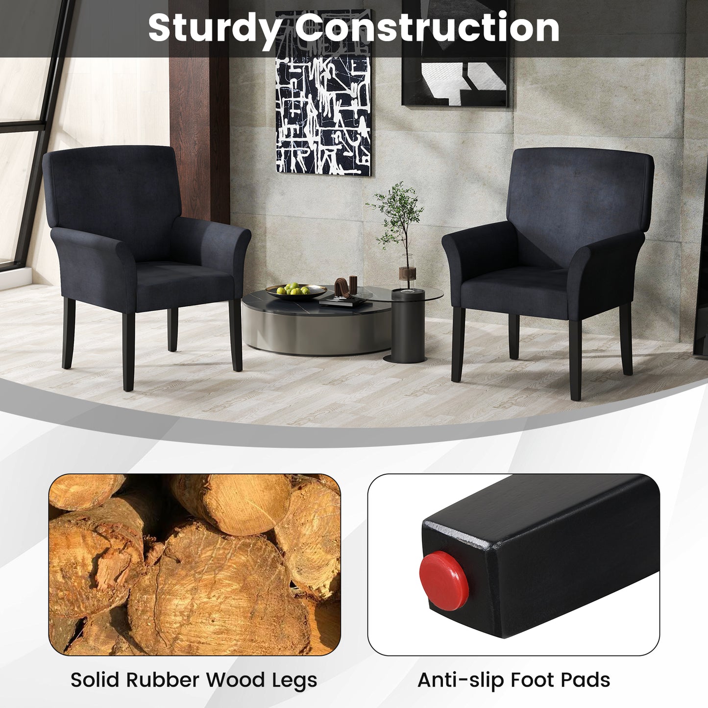 Modern Upholstered Guest Armchair with Curved Back and Solid Rubber Wood Legs in Black