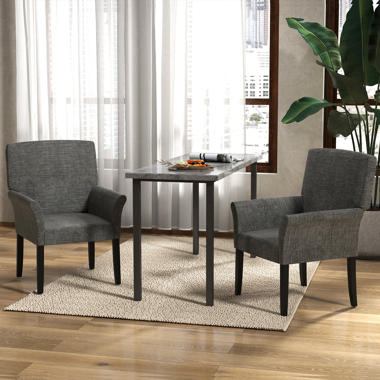 Modern Upholstered Guest Armchair with Curved Back and Solid Rubber Wood Legs in Grey
