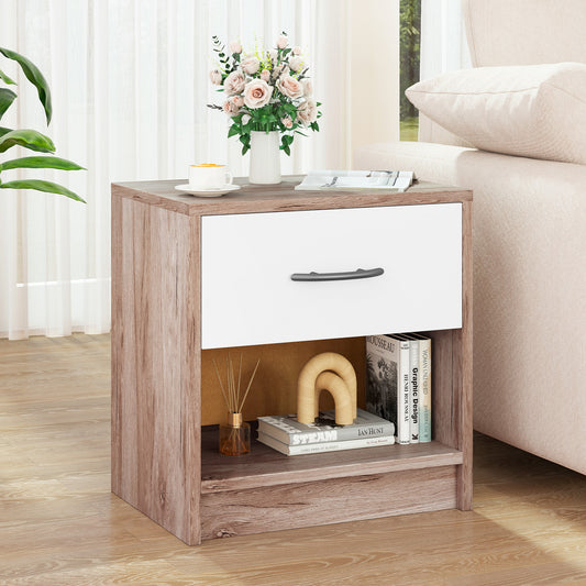 Nightstand with Drawer and Open Shelf for Bedroom or Living Room - Oak