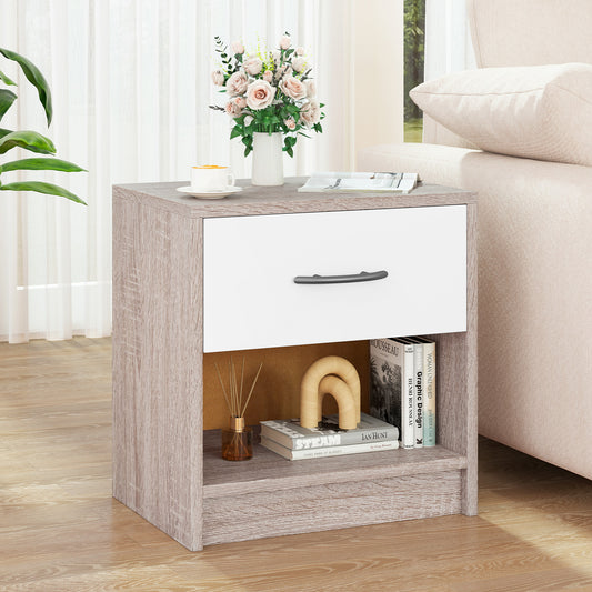 Nightstand with Drawer and Open Shelf for Bedroom or Living Room - Light Grey