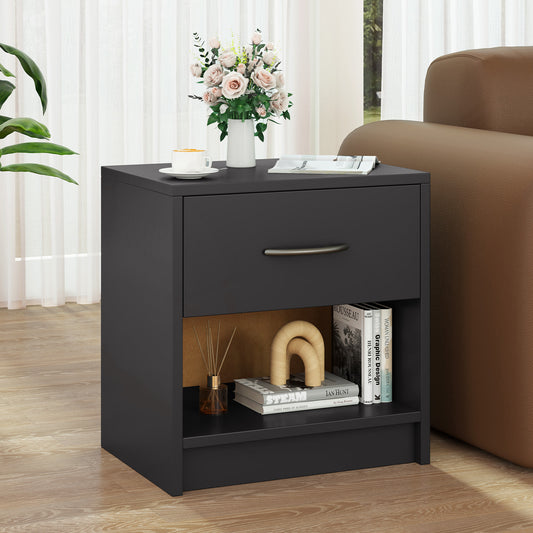 Nightstand with Drawer and Open Shelf for Bedroom or Living Room - Grey