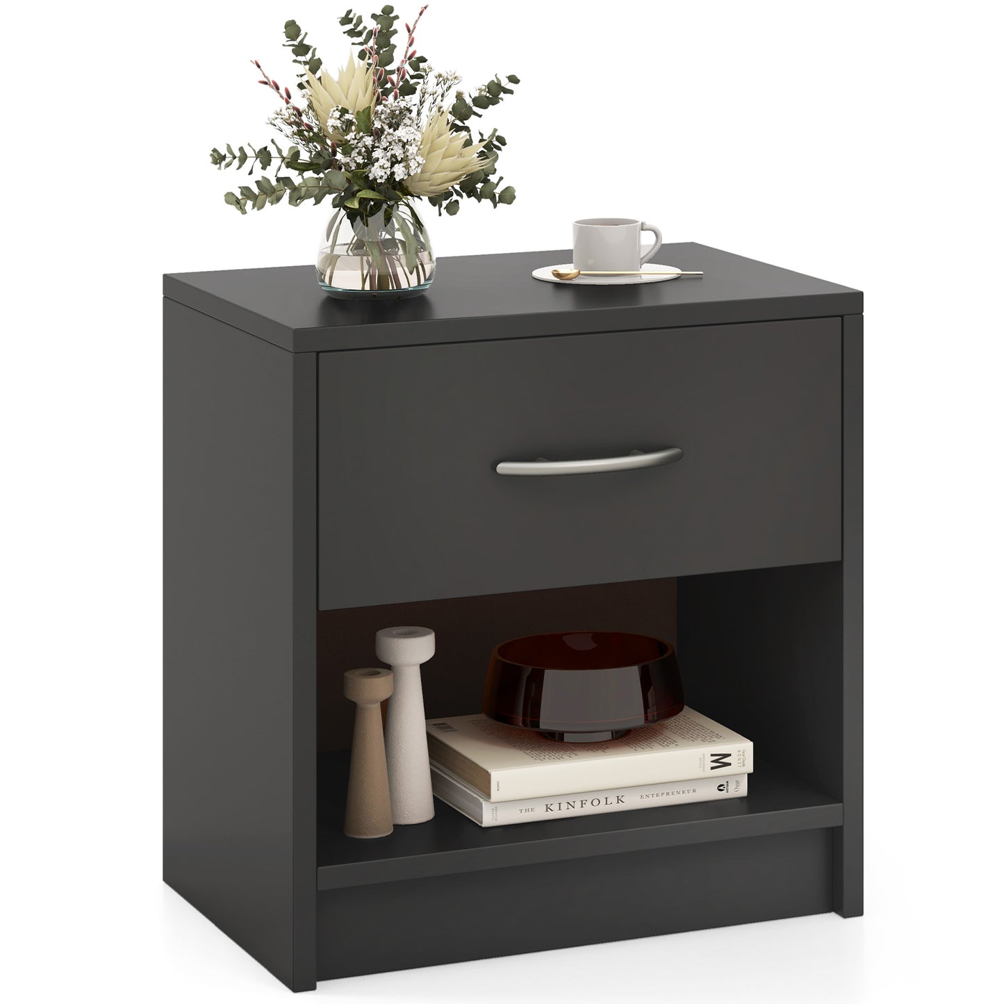 Nightstand with Drawer and Open Shelf for Bedroom or Living Room - Grey