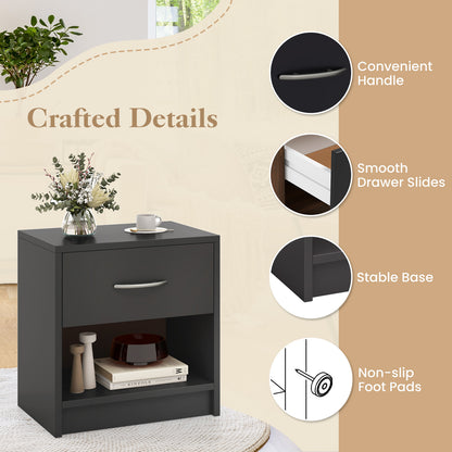 Nightstand with Drawer and Open Shelf for Bedroom or Living Room - Grey