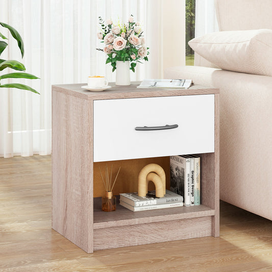 Nightstand with Drawer and Open Shelf for Bedroom or Living Room - Natural & White