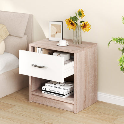 Nightstand with Drawer and Open Shelf for Bedroom or Living Room - Natural & White