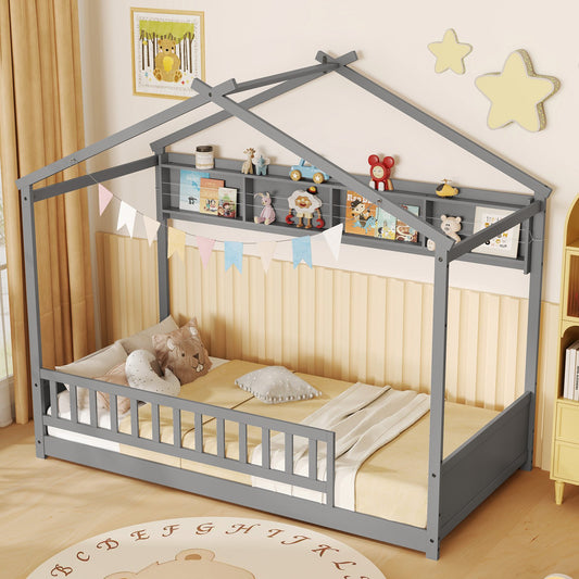 Twin Size House-Shaped Bed Frame with Storage Shelf and Headboard – Grey