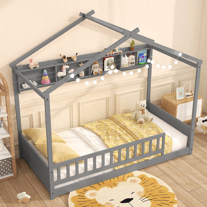 Twin Size House-Shaped Bed Frame with Storage Shelf and Headboard – Grey