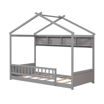 Twin Size House-Shaped Bed Frame with Storage Shelf and Headboard – Grey