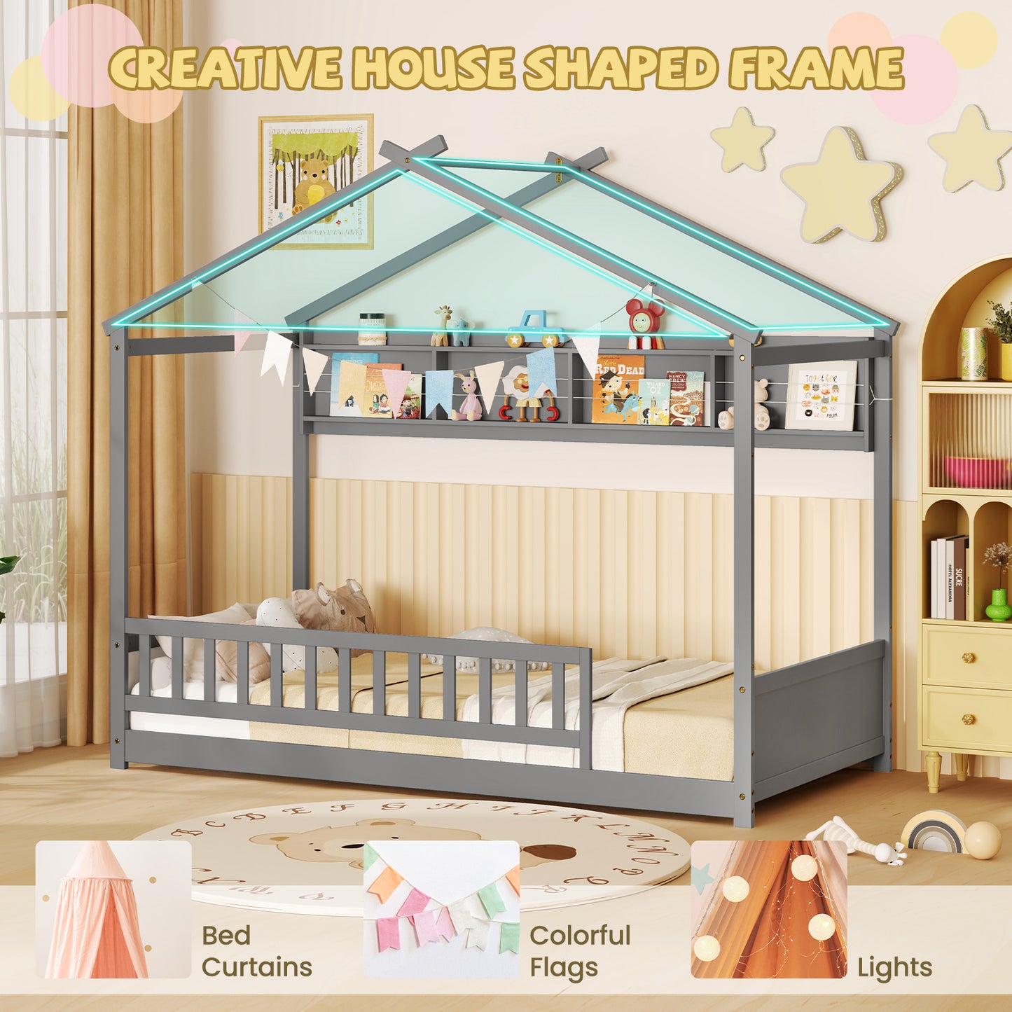 Twin Size House-Shaped Bed Frame with Storage Shelf and Headboard – Grey