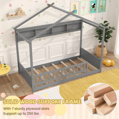 Twin Size House-Shaped Bed Frame with Storage Shelf and Headboard – Grey