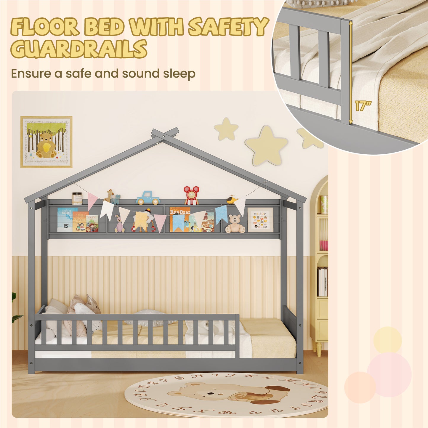 Twin Size House-Shaped Bed Frame with Storage Shelf and Headboard – Grey