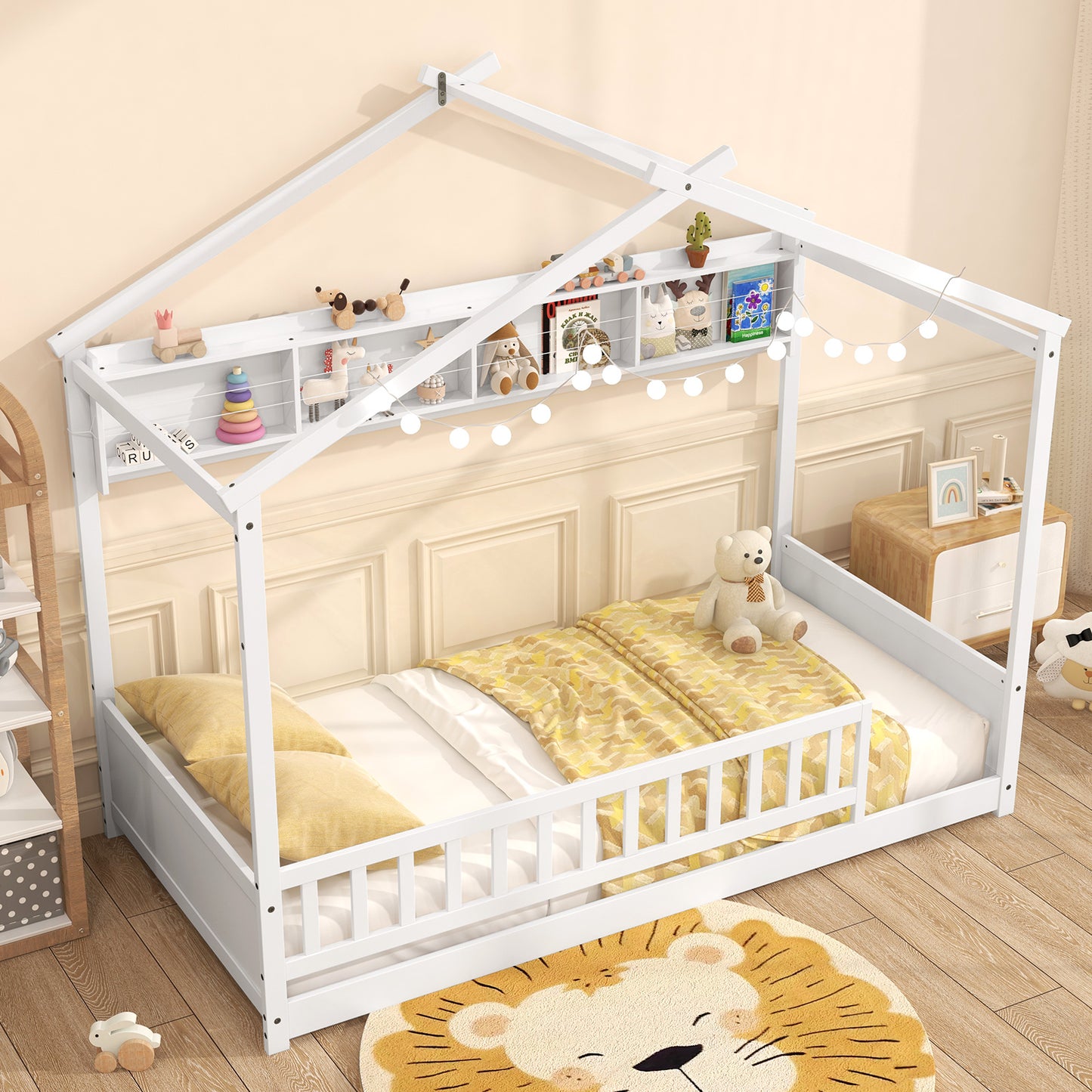 Twin Size House-Shaped Bed Frame with Storage Shelf and Headboard – White