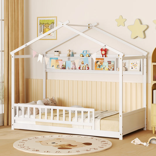 Twin Size House-Shaped Bed Frame with Storage Shelf and Headboard – White