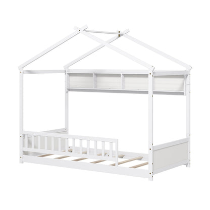 Twin Size House-Shaped Bed Frame with Storage Shelf and Headboard – White
