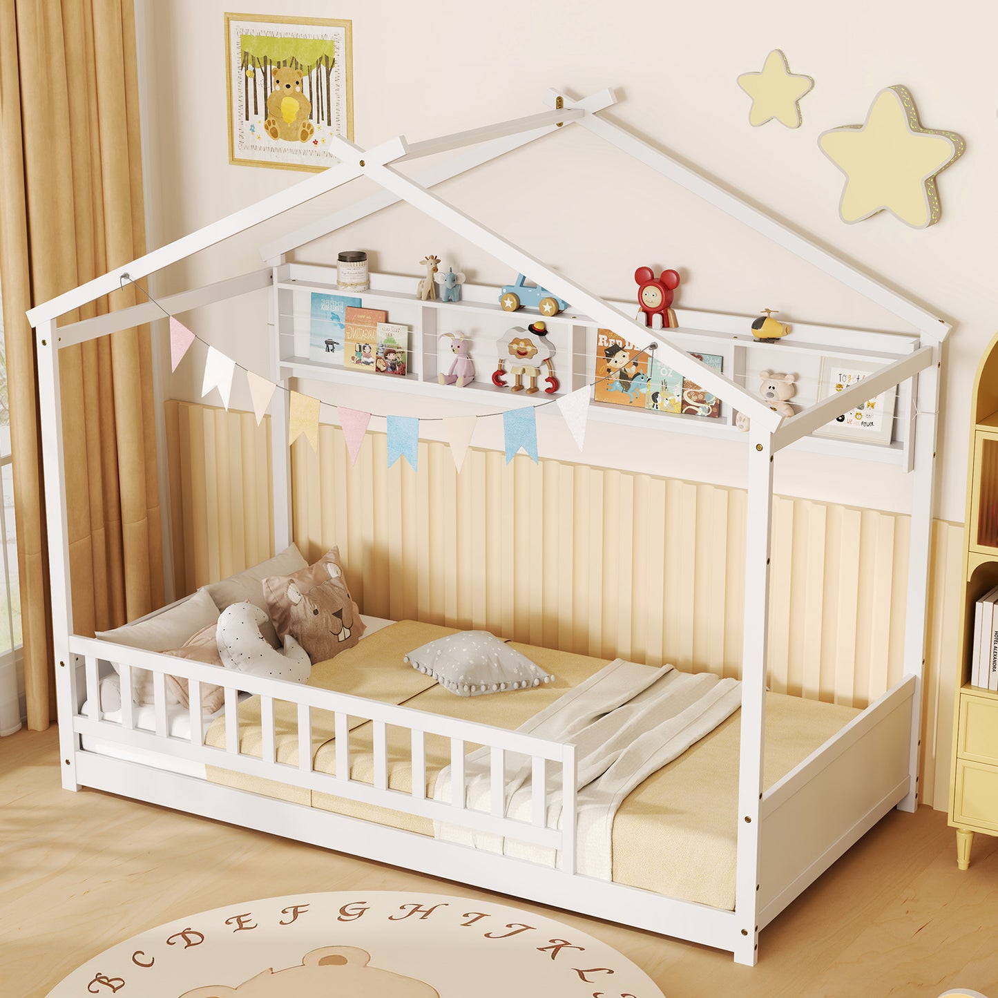 Twin Size House-Shaped Bed Frame with Storage Shelf and Headboard – White